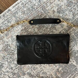 Tory Burch Black Leather Clutch with Removable Gold Chain